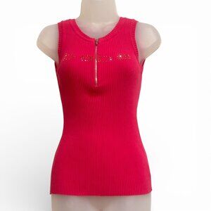 Bebe Swarovski Crystal logo Sweater Tank with Quarter Zip! Fuchsia, SMALL, EUC!